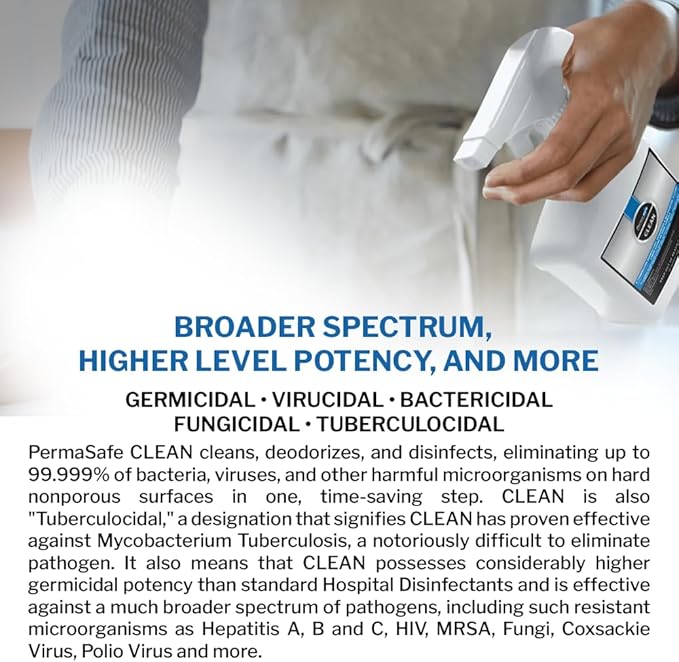 PermaSafe CLEAN 1-Step Disinfectant, Deodorizer & All-Purpose Cleaner; Soft, Hard & Food Surface Sanitizer; Kills 99.9% of Bacteria, Viruses, Molds - Child, Pet, Planet & All Surface Safe (1 gal)