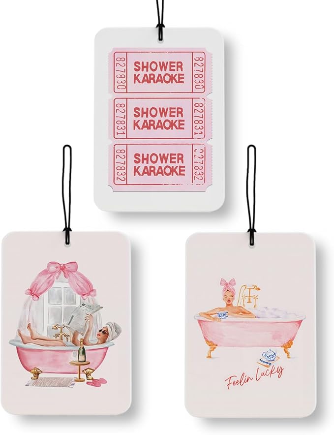 Pink Girls Bathroom Car Air Freshener 3 Pcs, Preppy Girly Peach Shower Karaoke Guest Check Air Freshener Hanging Decor for Cars Closet Drawer Books Bathroom Washroom Toilet Restroom