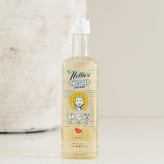 Nellie's One Soap – Melon Scent – Gentle Multi-Purpose Cleaner for Dishes, Hands & Household Surfaces – Plant-Based Formula – 19.2 oz (Made in Canada)