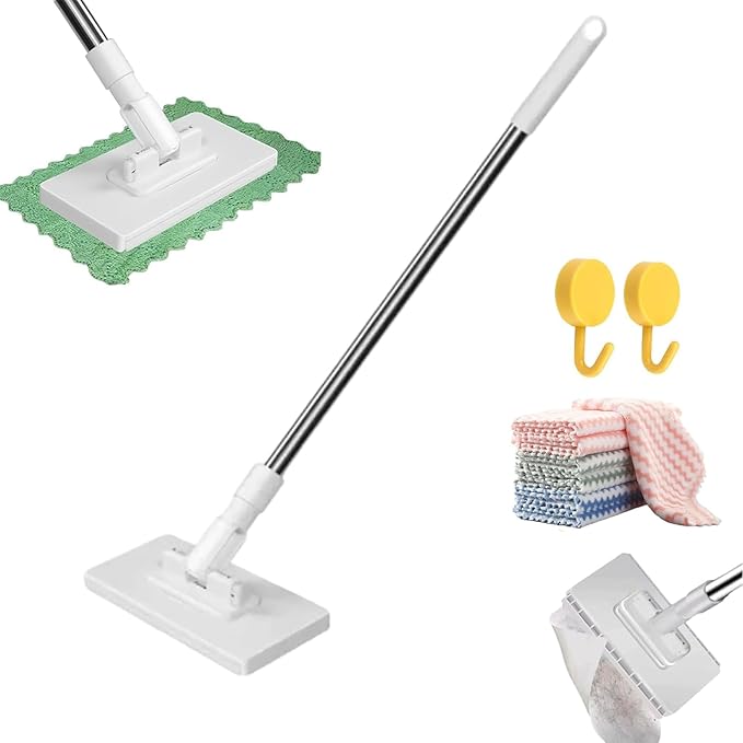 Clip to Grip Mop, Snap Grip Mini Mop, No Wash Lazy Mopes Wet and Dry with 10 Reusable Cloths, Zero Touch Mini Mops, Automatic Cloth Clip and No Wash Mops