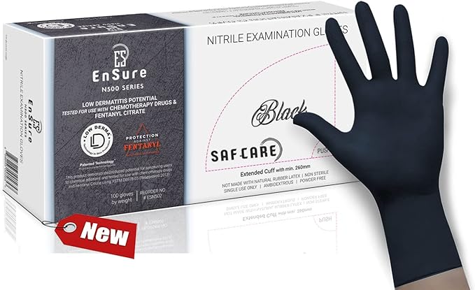 Ensure Black Nitrile Gloves – 5 Mil Heavy-Duty Disposable Gloves, Low Dermatitis, Powder & Latex Free, Chemo-Rated
