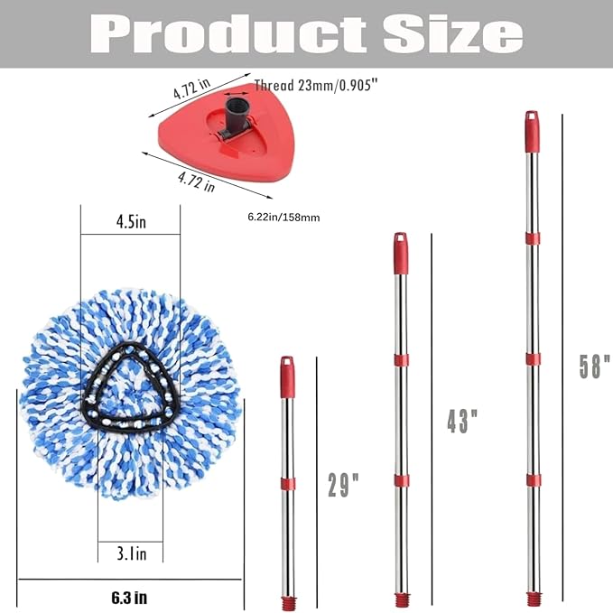 Spin Mop Accessories: 2 Replacement Heads, Triangle Base, Adjustable Handle for Cleaning