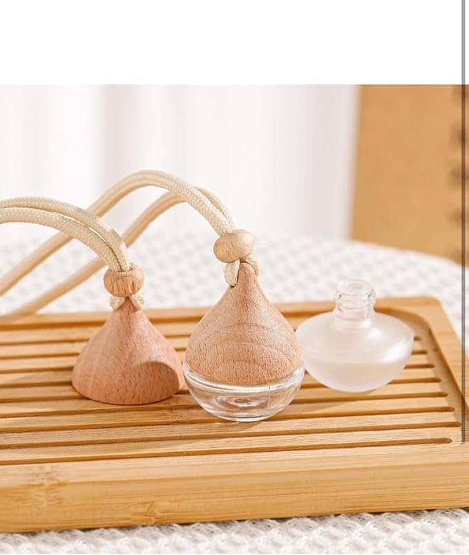 3 Pcs Hanging Car Air Freshener Diffuser Bottles – 6ml Refillable Essential Oil Aromatherapy Perfume Pendant, Clear Empty Glass with Wooden Cap & String for Vehicle Decoration