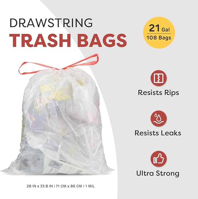21 Gallon Trash Bags, XL-Large Garbage Bags with Drawstring, 108 Count, Heavy Duty Trash Can Liners for Kitchen Office Yard Commercial Use, Clear