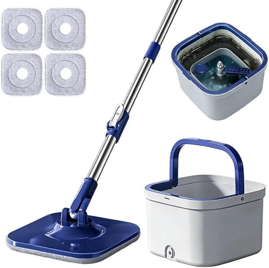 Microfiber Spin Mop Bucket Cleaning System with Wringer, 52''Long Handle & 4 Flat Mop Pads Replacement, Lazy Home Essentials for Wet Dust Hardwood Wood Wall Floor Household Cleaner Tools Set