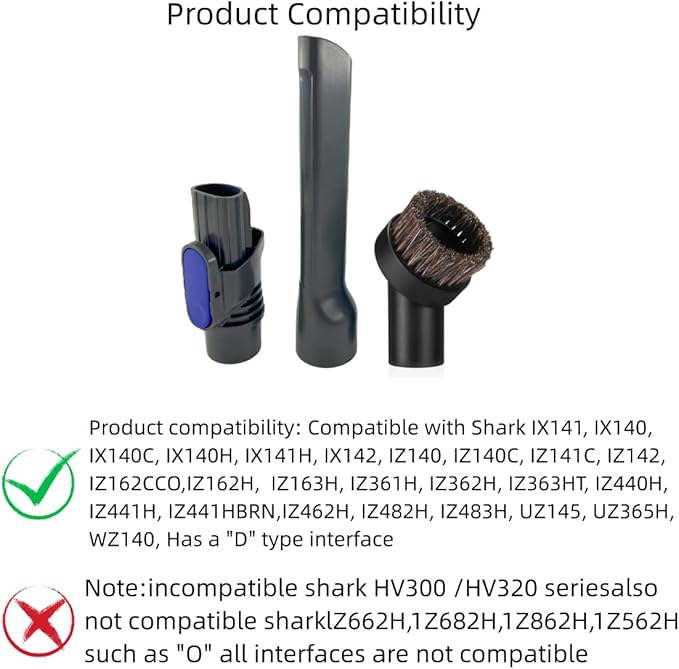 IX141 Pet Cordless Stick Vacuum Replacement Parts Compatible With Shark Pet Cordless Stick IZ162H IZ163H IZ362H IZ562H IZ140 IZ142 UZ145 Crevice Tool Horse Hair Brush Attachment for D-Shaped Vacuum