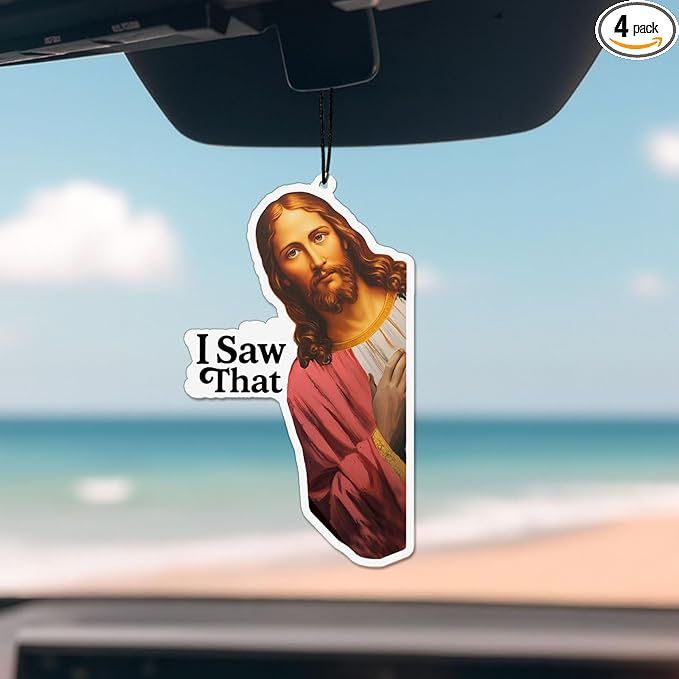 4 x Jesus I Saw That Car Air Freshener, Faith Based Gift, Christian Gift For Her Him, Funny Catholic Gift, Christmas Car Accessories, Jesus Meme Gifts, Exchange White Elephant, Pack of 4 Scents, 3.5"