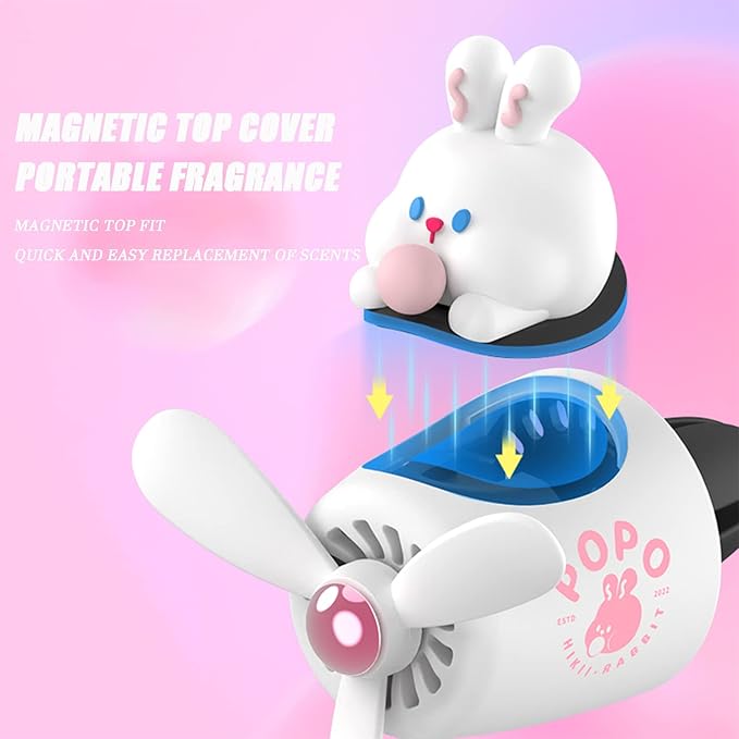 Car fragrance diffuser pilot car air outlet fragrance diffuser cartoon rotating fan leaf car perfume cute cartoon shape car perfume air freshener with 2 fragrances (rabbit 1)