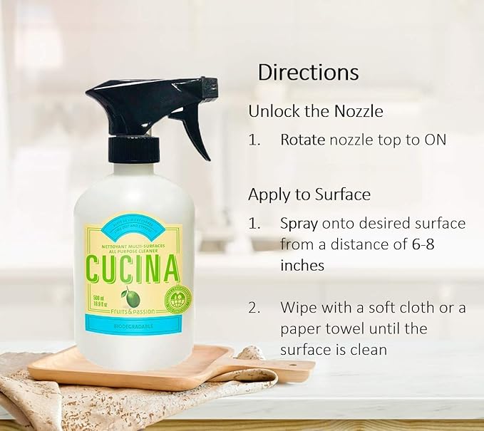 Fruits and Passion Cucina Biodegradable Water Based All Purpose Cleaner Household Multi-Surface Spray Bottle Cleaner 500 Milliliter (Lime Zest and Cypress)