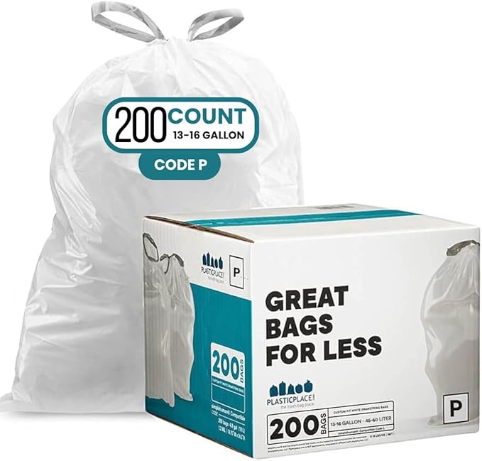 Plasticplace Drawstring Trash Bags, Compatible with simplehuman Code P, White Garbage Liners 13-16 Gallon / 50-60 Liter, 23.5" x 31.5", (200 Count)