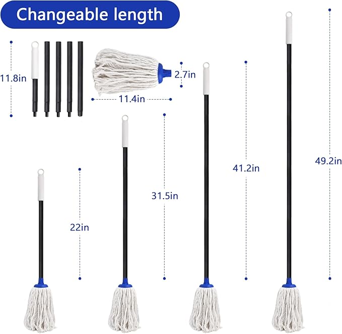 Indoor Mop for Floor Cleaning - Cotton Mops for Floor Cleaning, Regular Mop for Floors, 49-inch Simple Mops for Cleaning Living Rooms, Bathrooms, and Kitchens. (Dark Blue)
