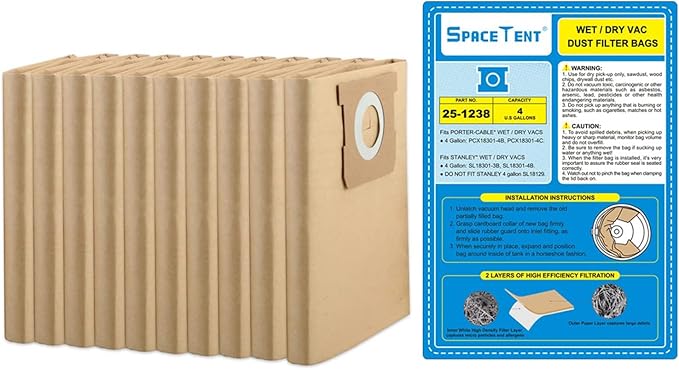 SpaceTent 10 Pack Vacuum Filter Bags Compatible with Stanley and PorterCable 4 Gallon Wet Dry Vacuum, Part # 25-1238
