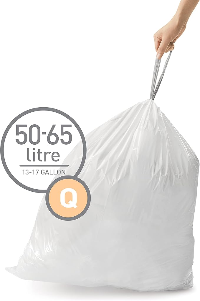 simplehuman Code Q 60 Count, Dispenser Pack Custom Fit Liners, Drawstring Trash Bags, 50-65 Liter / 13.2-17.2 Gallon, White