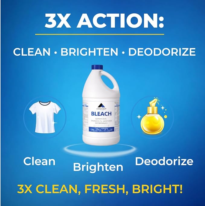 Liquid Chlorine Bleach Gallon – 6Pcs 1 Gallon Jug Bleach for Laundry, Household Cleaning, Commercial Use - Highly Concentrated Formula Bathroom Cleaner Ideal for Kitchen Surfaces, Tiles, Floors