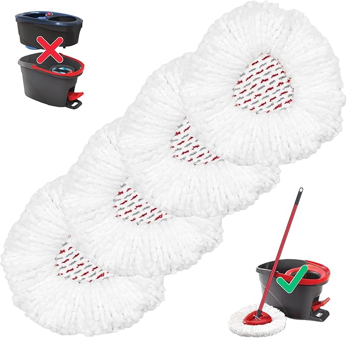 4-Pack Mop Replacement Heads Compatible with Ocedar EasyWring 1-Tank Spin System, UP 40% More Cleaning Power Mop Replace Head, Microfiber and Machine Washable Deep Cleaning Mop Refills (White)