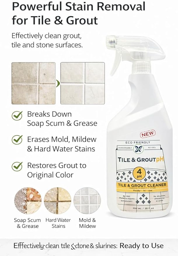 Tile & Grout pH – Eco-Friendly Acidic Tile & Grout Cleaner (pH 4) – Removes Hard Water, Soap Scum & Grime – No VOCs, Biodegradable, 25 fl oz