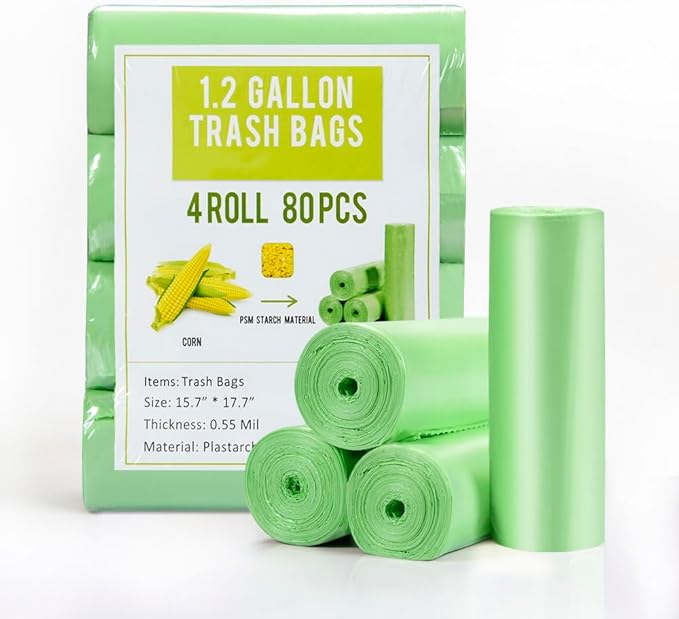 Jaoul Trash Bags 1.2 Gallon, Small Garbage Bags, Strong & Unscented Mini Trash Bags for Kitchen, Bathroom, Office, Restroom, Car, Green, 80 Counts