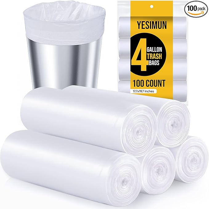 Small Trash Bags 4 Gallon - 100 Count 4 Gallon Trash Bag, White Small Garbage Bags, Unscented Bathroom Trash Bags Kitchen Office, Thickened & Strong 4 Gal Small Trash Can Liners