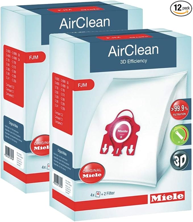 2 X Miele 10123220 AirClean 3D Efficiency Dust Bag, Type FJM, 4 Bags & 2 Filters, 12 Piece Set