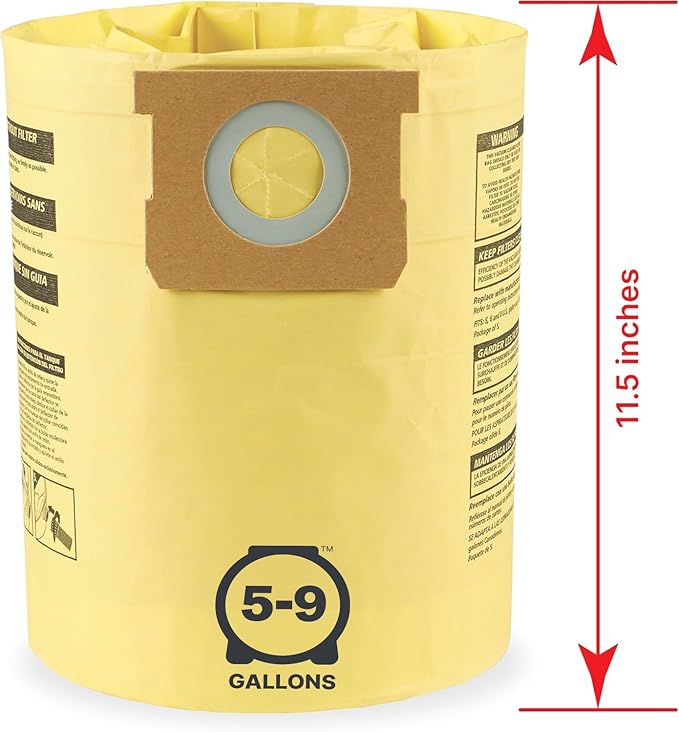 Shop-Vac 9067133 High Efficiency Disposable Vacuum Filter Bags, Fits 5-8 Gallon Tanks, Enhanced Filtration and Dust Control, (2-Pack)