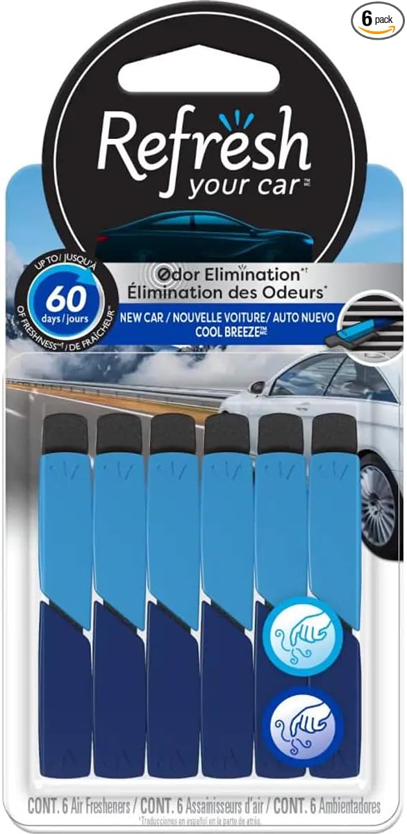 Refresh Your Car Odor Eliminating Auto Vent Stick Car and Home Air Freshener, New Car/Cool Breeze Scent, 6 Sticks