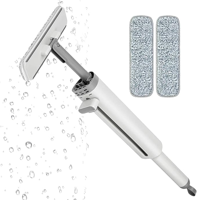 Portable Miniature Mops - Cleaning Tool, Detachable Handle Cleaner | 2X Reusable Microfiber Pads, Built-in Crevice Brush for Desktop Cabinet Wet and Dry Use Small Spaces Travel Cleaning