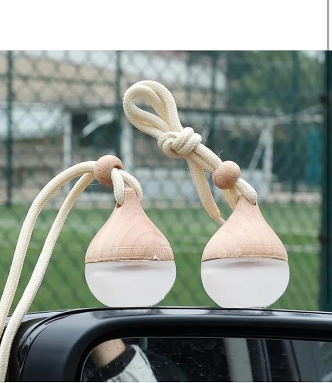 3 Pcs Hanging Car Air Freshener Diffuser Bottles – 6ml Refillable Essential Oil Aromatherapy Perfume Pendant, Clear Empty Glass with Wooden Cap & String for Vehicle Decoration