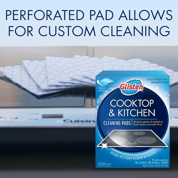 Glisten Cooktop and Kitchen Cleaning Pads for Glass, Gas Ranges, Ovens, Microwaves, and More, Dissolves Grease and Baked on Foods, Lemon Scent, 14 Large Pads or 28 Small Pads