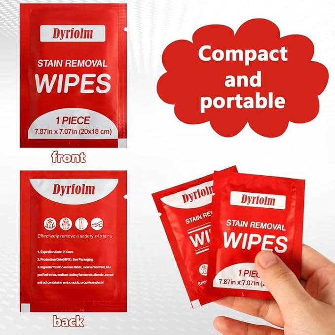 200 Pack Stain Remover Wipes,Individual Wrapped Wipes for Clothes,Mini Travel Stain Removal Wipe,Cleaning Wipesfor Clothes Fabric laundry Stain,Tablecloth,Car Seats Upholstery