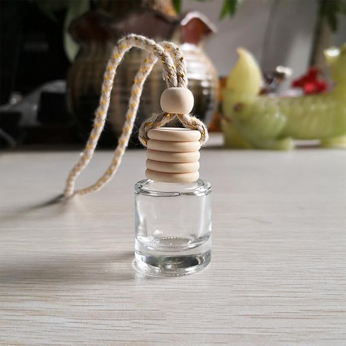 5PCS Hanging Car Air Freshener, 8 ml Oil Diffuser Perfume Aromatherapy Pendant Empty Glass Bottle, Fragrance Ornament with Vent Clip Wooden Cap and Rope, Auto Interior Decoration (Cylindric)