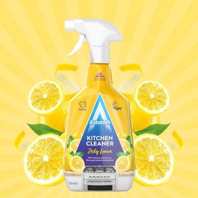 Astonish Zesty Lemon Scented Kitchen Cleaner - All Purpose Cleaning Solution Removes Grease, Grime, & Surface Stains - Cruelty Free Kitchen Grease And Multi Surface Cleaner - 750ml Spray Bottle