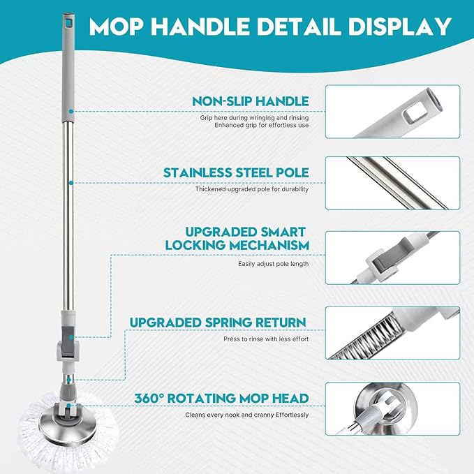 Spin Mop Replacement Handle 360° Rotation Adjustment 53.5-inch Telescopic Mop Replacement Pole Durable Stainless Steel Pad for Cleaning Various Household Surfaces