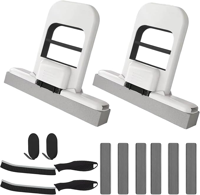 2 Pcs Mini Mop for Small Spaces, Foldable Self-Squeeze Wet and Dry Sponge Mop, Black Portable Cleaning Small Mop for Desktop, Kitchen Counter, Bathroom Tile, Glass-with 6 Pads ,2 Brushes, and 2Hooks