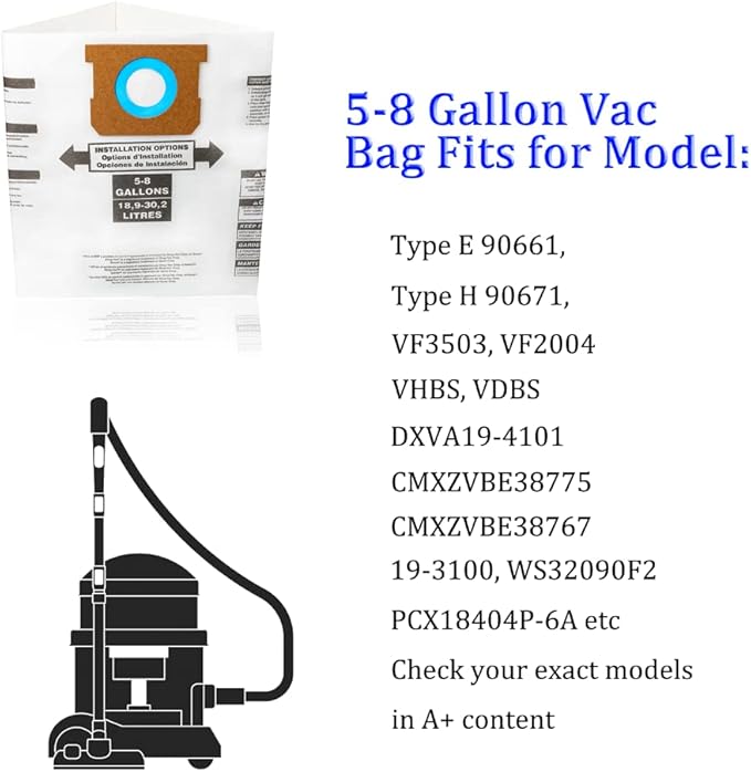 Replacement Filter Bags 5-8 Gallon for Shop Vac Vacuum, Type E 90661 9066133, Type H 90671 9067133; VF2004, VHBS VDBS, Disposable Wet Dry Vacuum Collection Bags for 5-8 Gallon Vacuum, 3 PCS