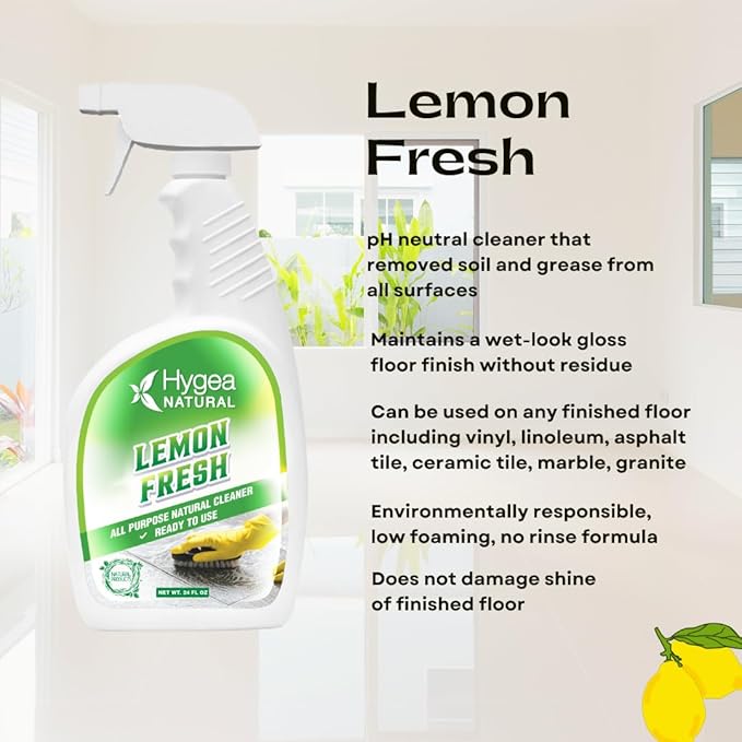 Hygea Natural Lemon Fresh All Purpose Cleaner- Multi-Surface Cleaner- Floor Cleaner- Remove Soil, Dirt & Grease- Wet Gloss Finish- pH-Neutral, Ammonia Free (3 pack Spray 24oz)