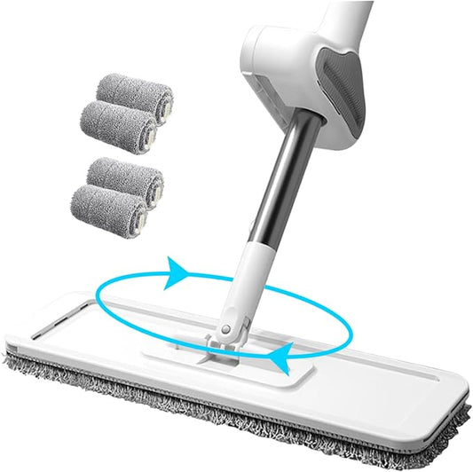 Flat Mop with Self Wringer Fast-drying Microfiber Floor Mop 360° Rotating Spin Mop with 4 Mop Pads for Wet & Dry Hardwood, Laminate, Tile Cleaning.