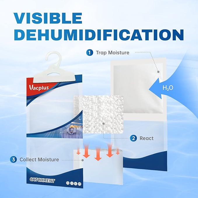 Vacplus Moisture Absorbers 30 Pack, Fragrance Free Hanging Humidity Packs with Sturdy Hook, Effective Closet Dehumidifier for Bathroom, Laundry Room, Basement, 9.8Oz