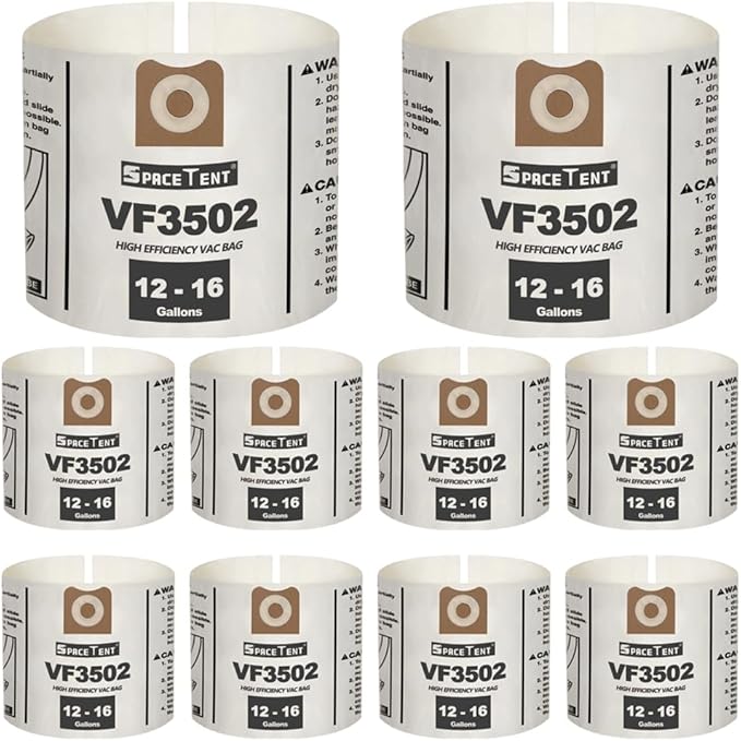 SpaceTent 10 Pack VF3502 Shop Vac Bags Size A compatible with RIDGID 12-16 Gallon Wet/Dry Vacuums, High Efficiency Heavy Duty Dust Filter Bags, Part# 23743