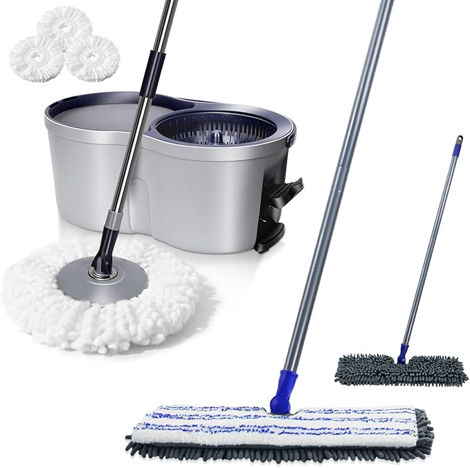 Masthome EasyWring Microfiber Spin Mop with 3 Mop Pads & Masthome Flat Flip Dust Mop with 4 Reusable Pads for Hardwood, Laminate,Tile Floor Cleaning-1 Scraper