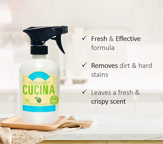 Fruits and Passion Cucina Biodegradable Water Based All Purpose Cleaner Household Multi-Surface Spray Bottle Cleaner 500 Milliliter (Lime Zest and Cypress)