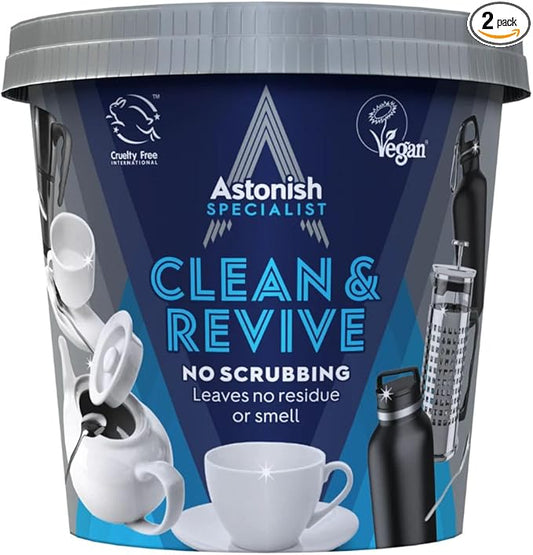 Descaling Foaming Powder | Tea & Coffee Mugs, Pots, Kettles & Stainless Steel | Dissolves Limescale & Eliminates Stains | Astonish Clean & Revive (Pack of 2)