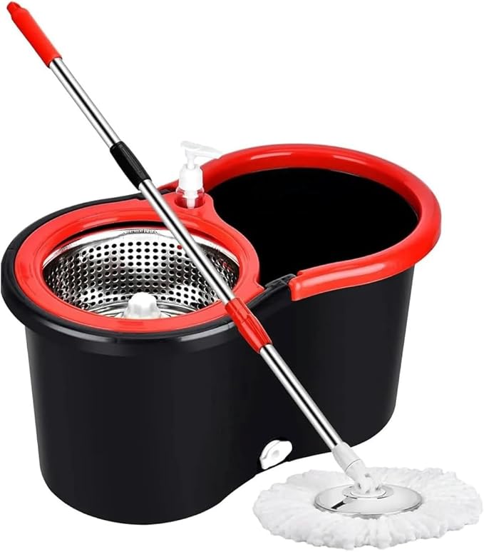 2 Mop and Bucket Set,Spin Mop and Bucket with Wringer,for Floor Cleaning,with Adjustable Stainless Steel Handle,soap Dispenser and 6 Microfiber Mop Heads (Black)