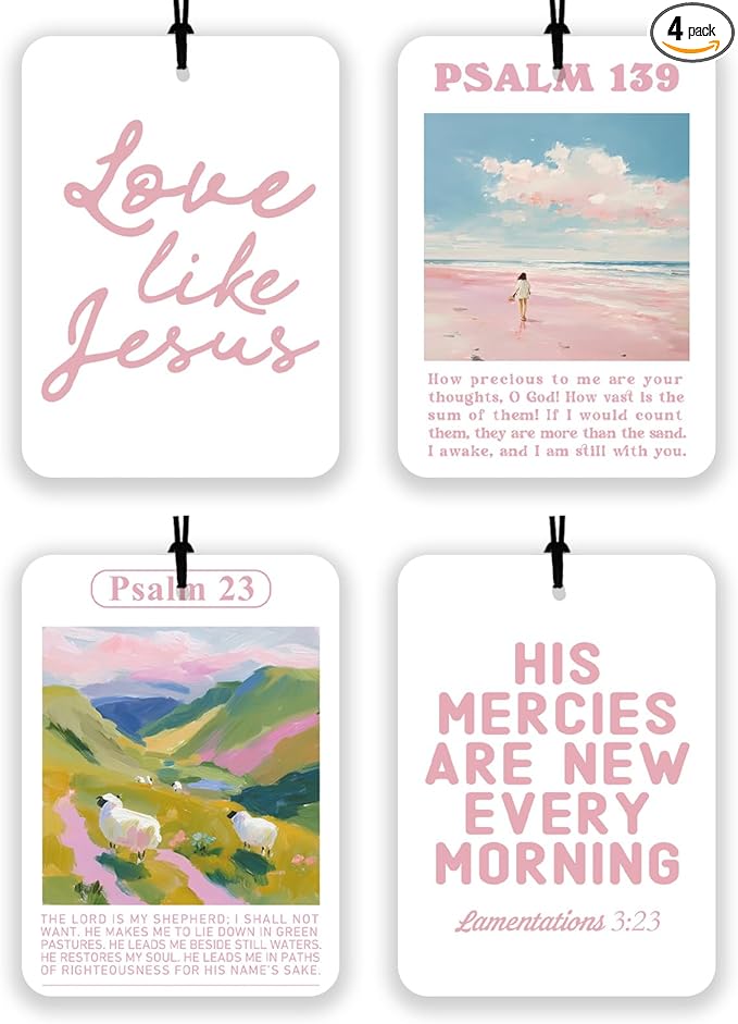 4 Pcs Pink Christian Car Air Fresheners, Bible Verse Hanging Fresheners for Women, Religious Inspirational Decor, Floral Scripture Mirror Fresheners for Car, Closet & Gift Use (Pink Christian)