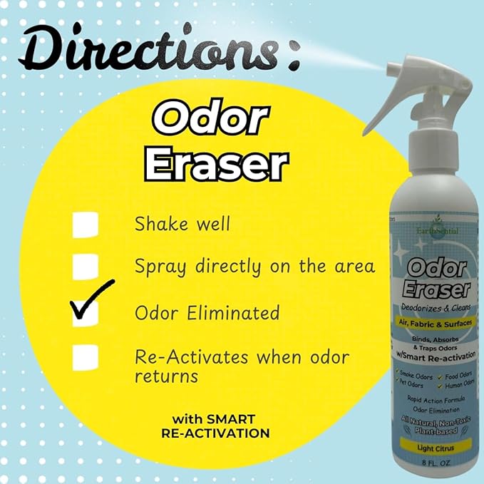 Odor Eraser Spray – All-Natural, Plant-Based Deodorizer & Air Freshener – Binds & Traps Odors from Pets, Shoes, Kitchens & Fabrics – Light Citrus, 8 oz