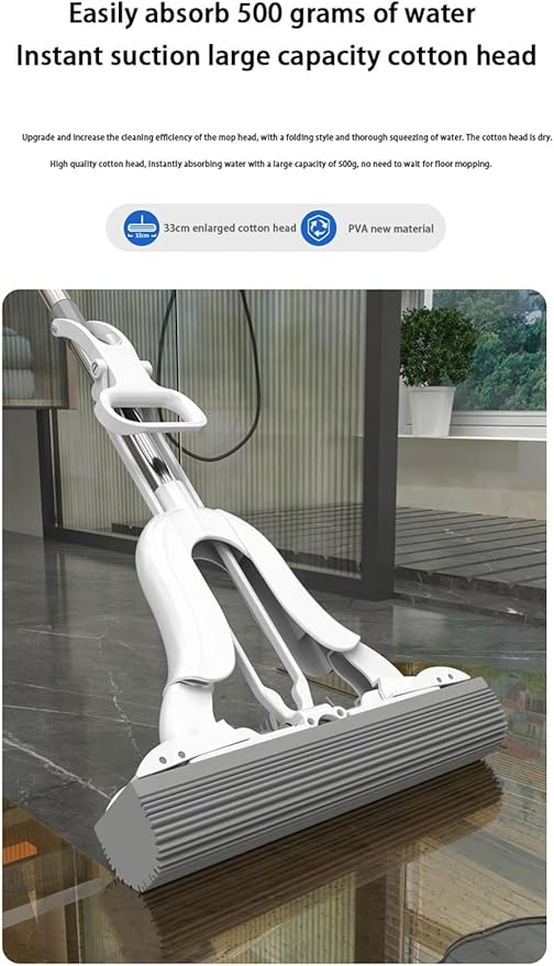 PVA Sponge Mop, Hands Free Self Wringing Mop, Self Squeeze Sponge Mop for Tile Marble Laminate Floor Cleaning (Size : Mop+1 Cloth)