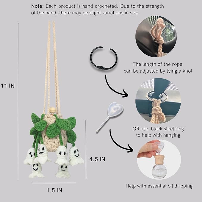 Handmade Crochet Hanging Car Air Freshener - Glow-in-the-Dark Lily of the Valley Plant with 12ml Refillable Essential Oil Diffuser Bottle, Halloween Car Accessories & Bedroom Nightlight Decor