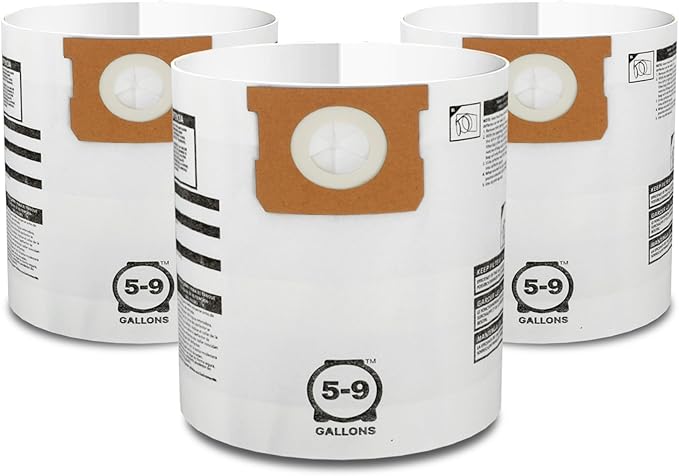 Shop-Vac 9066133 Disposable Filter Bags, Fits 5-9 Gallon Vacs, For Dry Pick-Up Only, White Paper, (3-Pack)