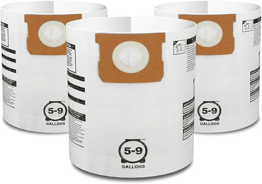Shop-Vac 9066133 Disposable Filter Bags, Fits 5-9 Gallon Vacs, For Dry Pick-Up Only, White Paper, (3-Pack)