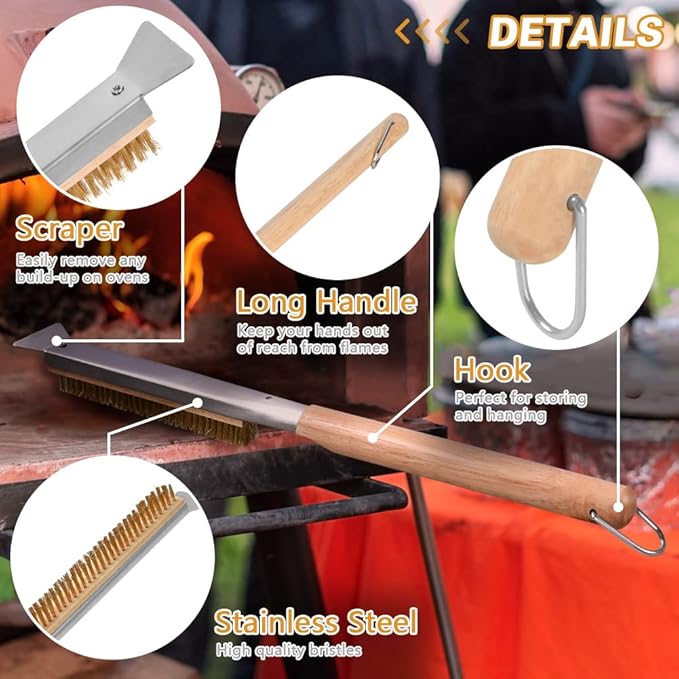 Pizza Oven Brush, 26" Brush and Stainless Steel Scraper for Pizza Stone, BBQ Grill Cleaning Brush Non Scratch Heat Proof Brass Bristles with Screwdriver, Outdoor Pizza Oven Accessories