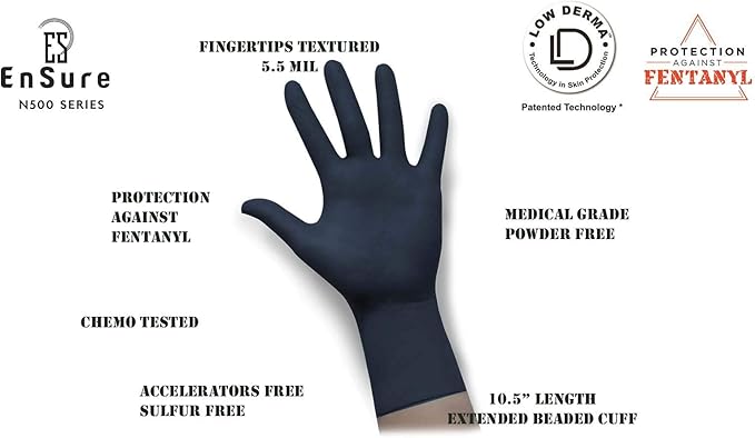 Ensure Black Nitrile Gloves – 5 Mil Heavy-Duty Disposable Gloves, Low Dermatitis, Powder & Latex Free, Chemo-Rated